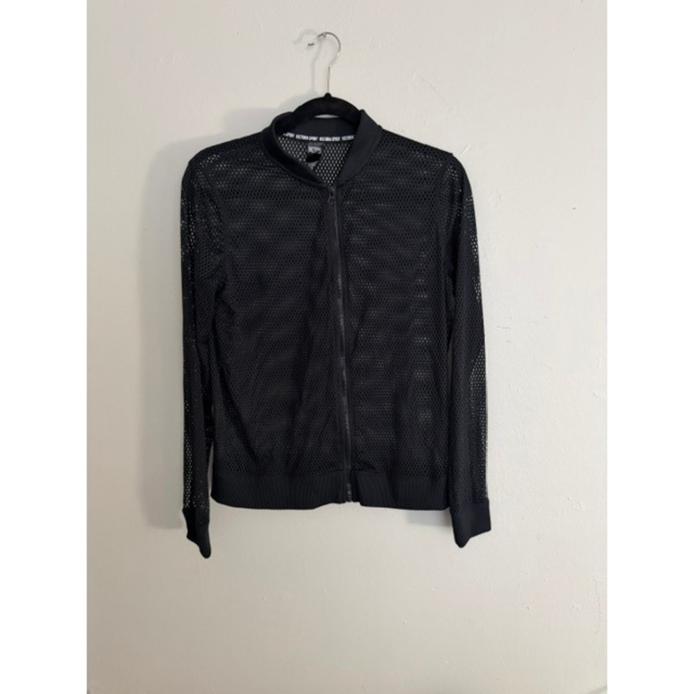 Victoria Sport Womens Black Mesh Full Zip Bomber Jacket Activewear Sheer Coat